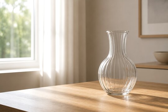A clear glass vase with vertical ribbed detailing sits on a wooden table, bathed in soft sunlight streaming through a nearby window.