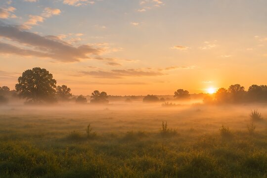 Golden sunrise over a misty meadow with silhouetted trees and soft clouds.