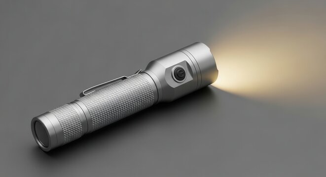 Silver metal flashlight emitting a bright beam of light on a dark gray surface.
