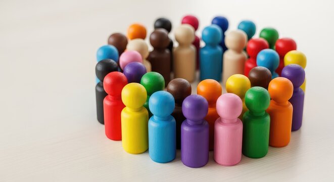 A circle of vibrant multicolored wooden peg figures standing on a surface, representing global unity, togetherness, and social harmony, composition, toy, vibrant