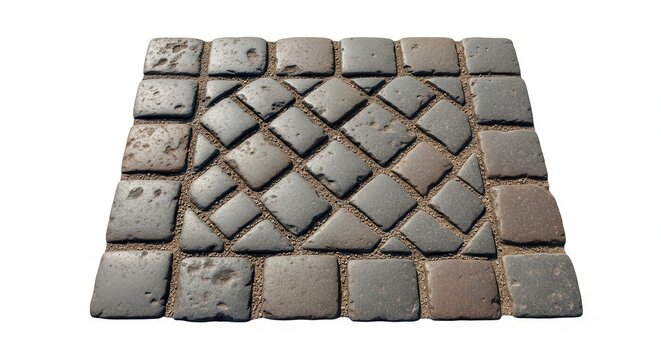 Square pattern of weathered grey cobblestone pavers isolated on white.
