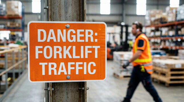 Forklift safety sign reading Danger Forklift Traffic mounted on beam inside busy industrial warehouse with worker, workplace safety concept