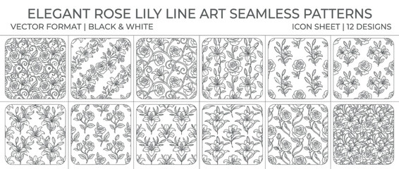 Obraz premium Elegant Floral Line Art Seamless Patterns - Black and White