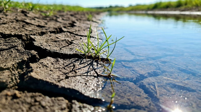 Green sprout growing through cracked dry soil beside puddle of water, environmental climate change and hope concept
