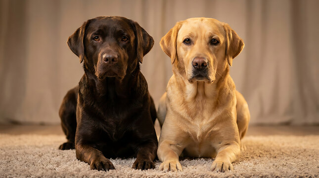 Two loyal chocolate and yellow Labrador retrievers sit side-by-side on an indoor rug, their calm expressions reflecting gentle companionship