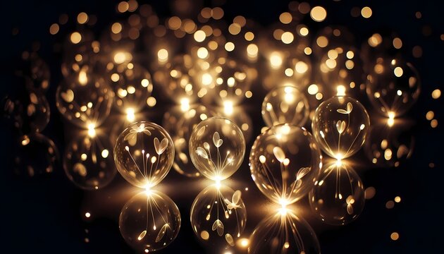 A vertical composition of transparent balloons with tiny LED lights floating in a dark space, Ai generated image