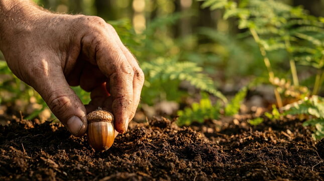 Acorn planting with human hand placing acorn into fertile soil in lush green forest, reforestation and nature conservation concept