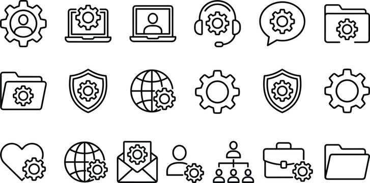 Technical support services and customer relationship management vector outline icons set representing network administration corporate maintenance