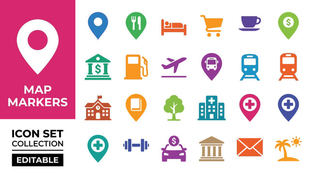 Colorful map markers and location icon set for navigation apps