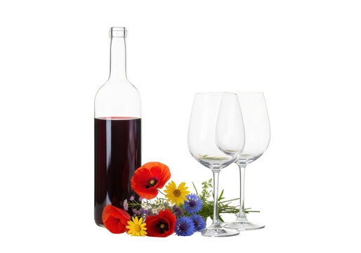 Red wine bottle with flowers.