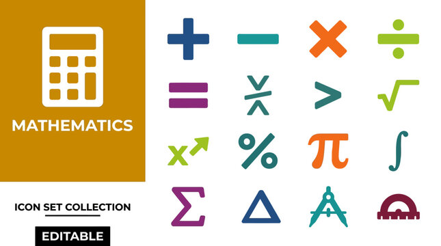 Mathematical symbols and school geometry equipment icon set