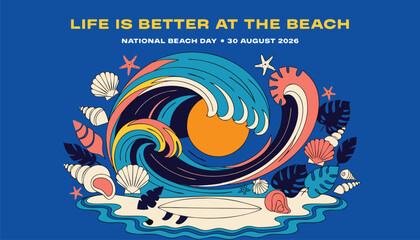 Fototapeta premium National beach day illustration with wave, sun, and seashells