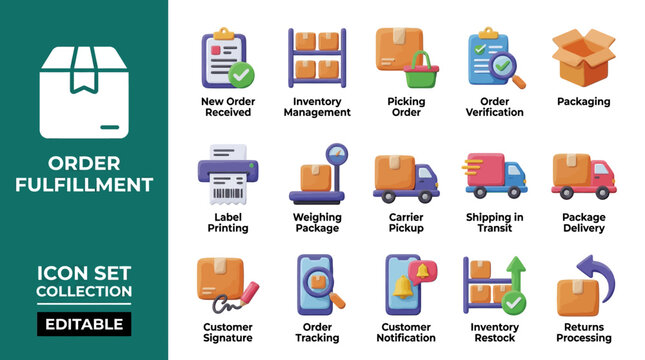 Logistics and order fulfillment 3d icon set for e-commerce
