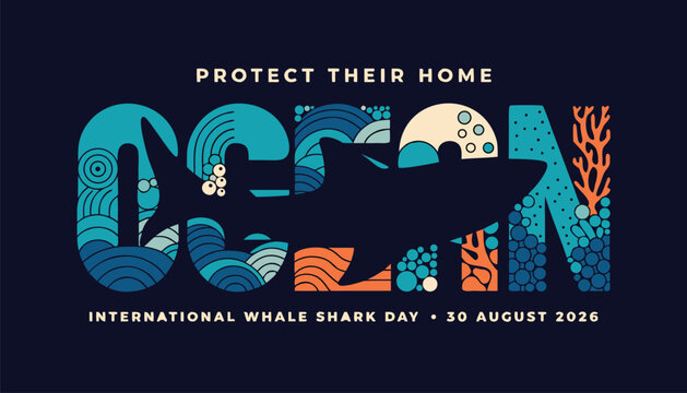 International whale shark day poster with typography and shark silhouette