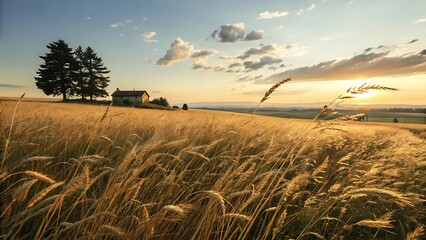 Obraz premium Golden wheat field at sunrise with lone tree. Vast agricultural landscape under warm morning light for harvest season.