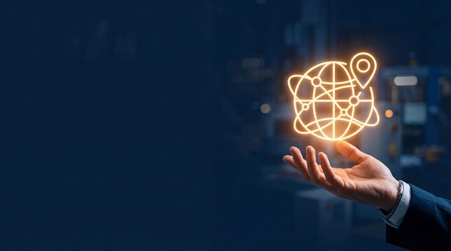 Businessman holding digital globe with network icons. Modern technology and global connectivity concept.