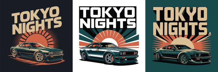 Retro pixel art style car illustration with tokyo nights text design © Vectyx