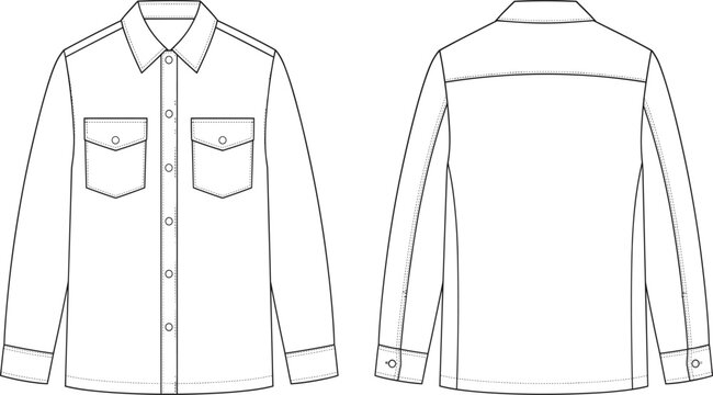 Fashion technical flat sketch of long sleeve denim shirt jacket with flap pockets front and back view