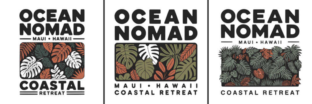 Set of tropical leaf logos with ocean nomad coastal retreat text