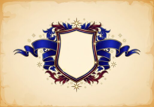 Elegant vintage crest design with a central blank shield flanked by ornate ribbons and star accents on a clean parchment style background, background, blank, gold