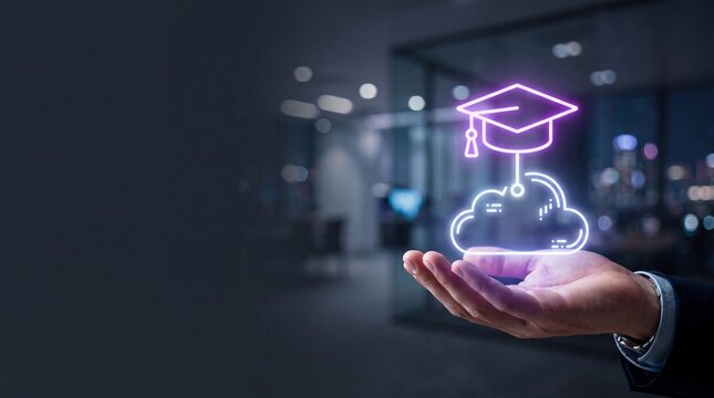 Hand holding glowing graduation cap icon. Online education and digital learning concept.