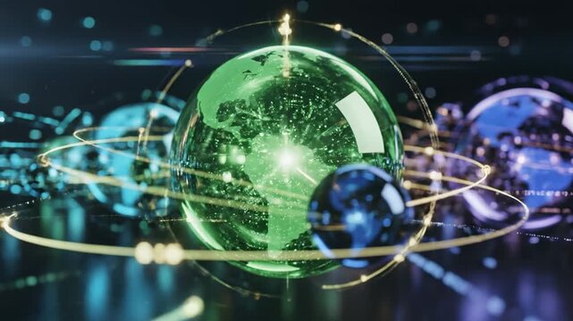 Transparent green glass globe with internal network connections.