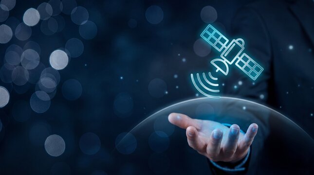 Businessman holding digital satellite icon. Global network connection and space technology.