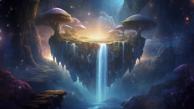 A mystical floating island with glowing waterfall and mushroom trees under a starry, ethereal sky.