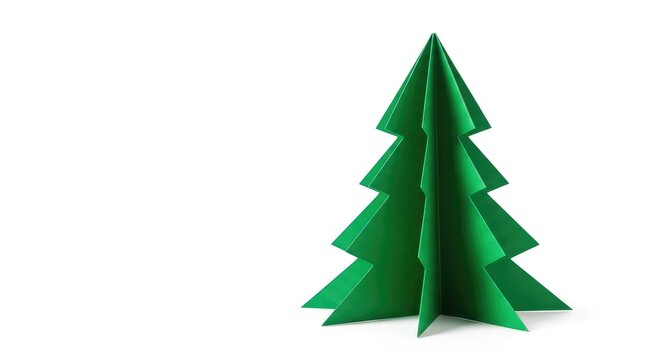 Minimalist design of a folded green paper spruce tree isolated on white background, featuring clean lines and sharp triangular geometric edges, paper, symbol, graphic