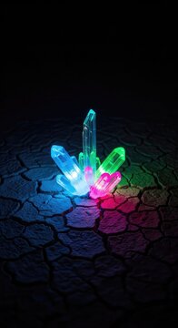 Radiant minerals glow with an ethereal neon light atop a deeply cracked and parched earth surface, creating a mysterious and magical aura, fantasy, mystical, night