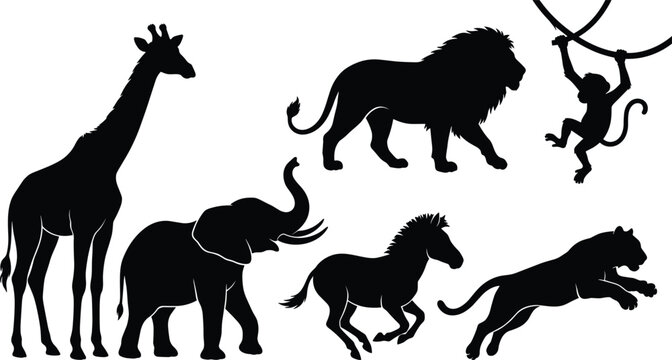 African safari wild animals black silhouette vector set featuring giraffe elephant lion monkey zebra and tiger isolated on a white background