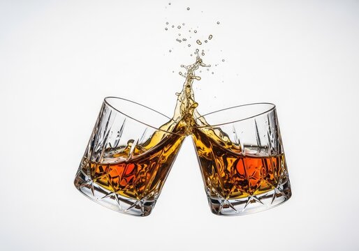 Two crystal tumblers filled with golden amber liquid clink together in a mid-air toast, sending a dynamic splash of droplets upwards, gold, luxury, drink