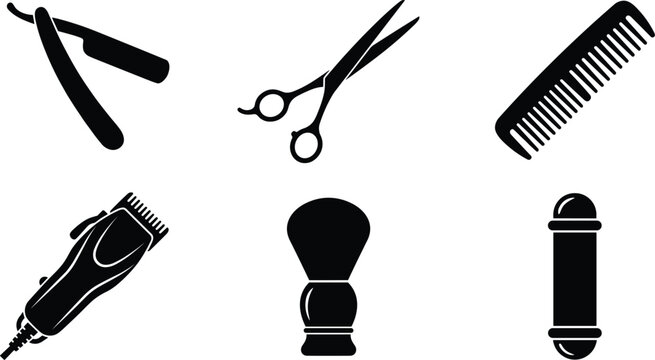 Barber shop and hair salon tools silhouettes vector set including straight razor scissors comb electric trimmer shaving brush and barber pole icons.