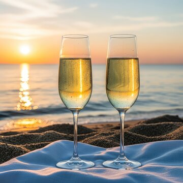 Two elegant glasses of sparkling wine rest on a white linen cloth atop golden sand, while the sun glimmers over peaceful ocean waves, pair, peace, reflection