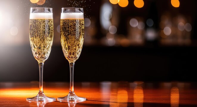Two crystal flutes filled with bubbling golden champagne stand elegantly on a reflective surface against a blurred festive background, flutes, liquid, celebration