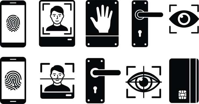 Biometric verification and smart access icon set featuring fingerprint mobile face ID scanner handprint reader door handle retina eye recognition and chip card vector