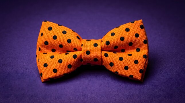Orange polka dot bow tie on a deep purple surface, serving as a playful metaphor for whimsical elegance, festive Halloween spirit, and the stylish embrace of spooky season sophistication.