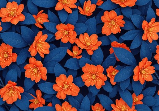 Vibrant orange blossoms and deep blue leaves intertwine in a seamless repeating pattern, creating a sophisticated and artistic background, blossom, vintage, surface