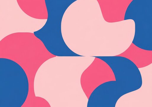 Vibrant pink and blue abstract shapes form a seamless geometric pattern. Modern aesthetic featuring soft curves and bold tiling textures, motion, gradient, fluid