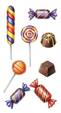 Watercolor halloween candy collection featuring hand-painted sweets, lollipops, and chocolates isolated on a plain white background, black, dessert, spooky