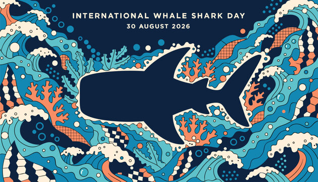 International whale shark day illustration with ocean waves and coral