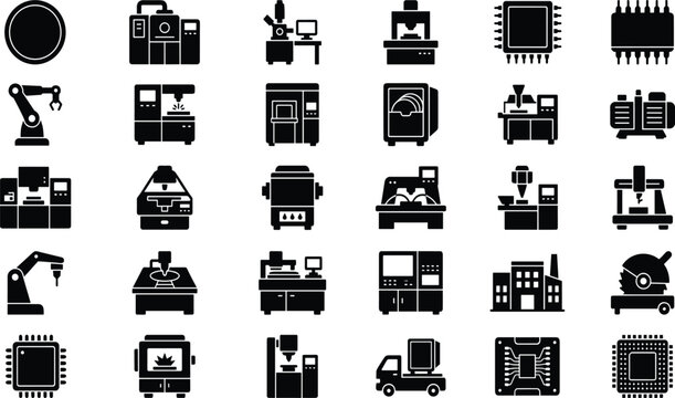 Semiconductor manufacturing and microchip fabrication solid icon set representing high tech electronic factory automation