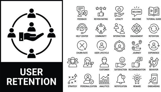 User retention and customer loyalty linear icons set for business strategy marketing lifecycle growth and consumer satisfaction