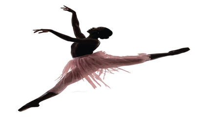 Ballerina executes a graceful leap while wearing a delicate pink tutu against a clean white backdrop. © Sadee Girl