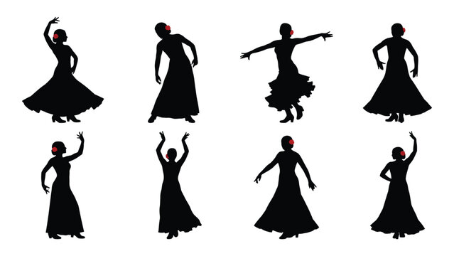 Dancers perform traditional flamenco steps in a collection of elegant black silhouettes.