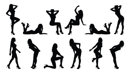 Women in various poses are represented as a collection of black silhouettes showcasing diverse body language and fashion stances. © Sadee Girl