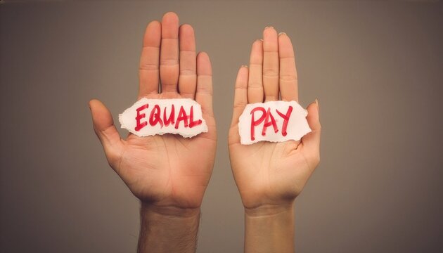 Male and female hands hold torn paper reading EQUAL PAY. Concept of gender equality, fair salary, and workplace justice over a muted gray background.