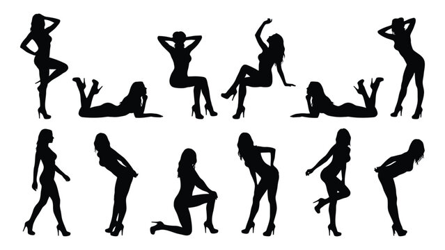 Women in various poses are represented as a collection of black silhouettes showcasing diverse body language and fashion stances.