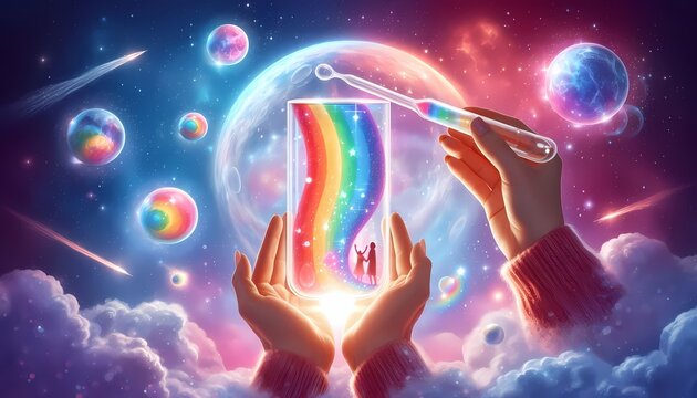 Two women holding a test tube with two rainbows inside while a third star donor shines light from outside, Ai generated image