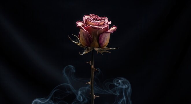 Single Red Rose with Smoke and Light on Black Background.